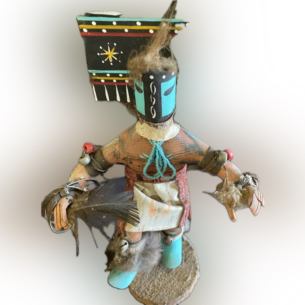 Handcrafted kachina Doll with Turquoise Mask and Feather Accents